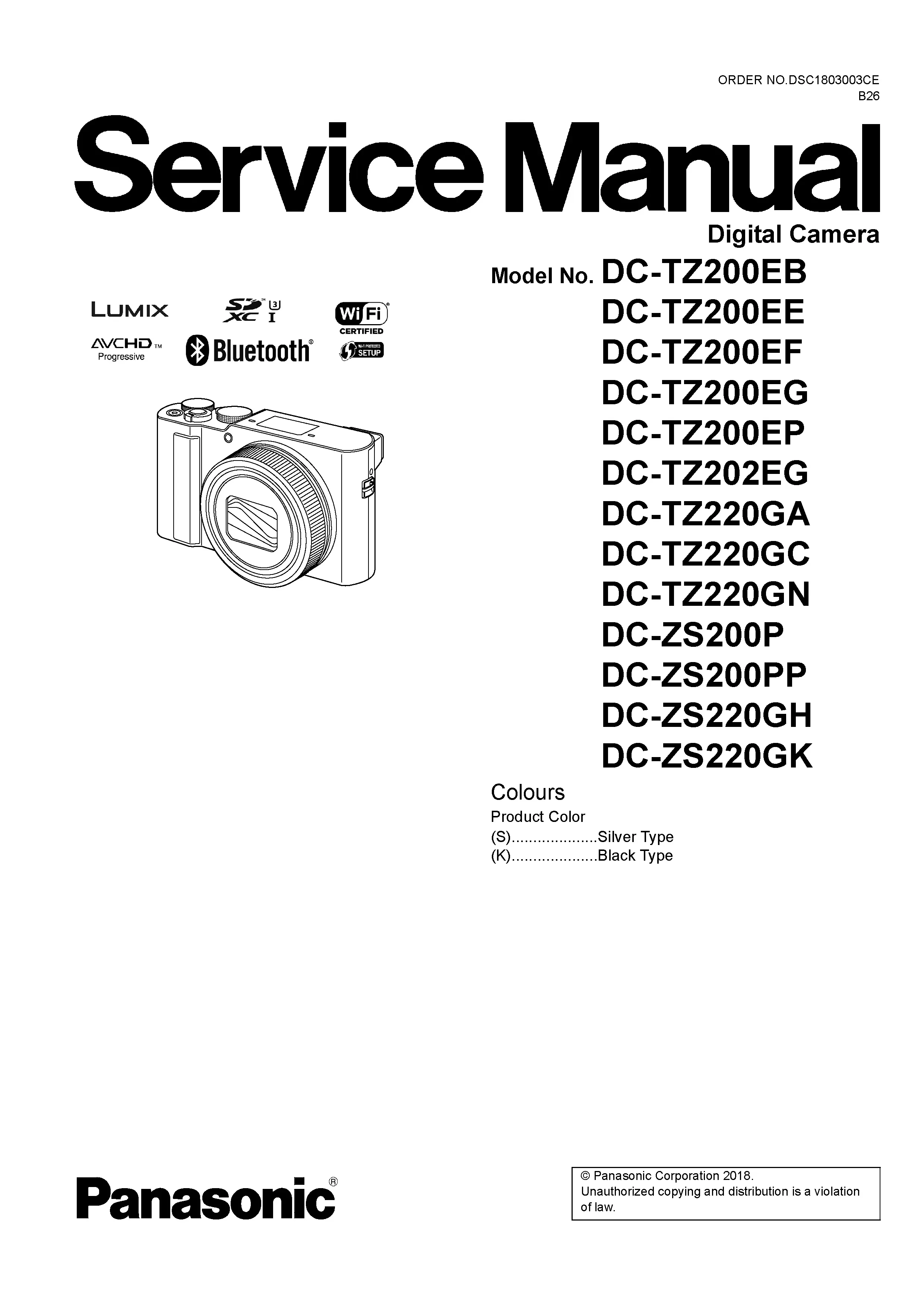 Panasonic lumix dc zs200 zs220 tz200 tz220 service manual cover with picture of the camera, model type and numbers, manual creation date and safety and warning notice.