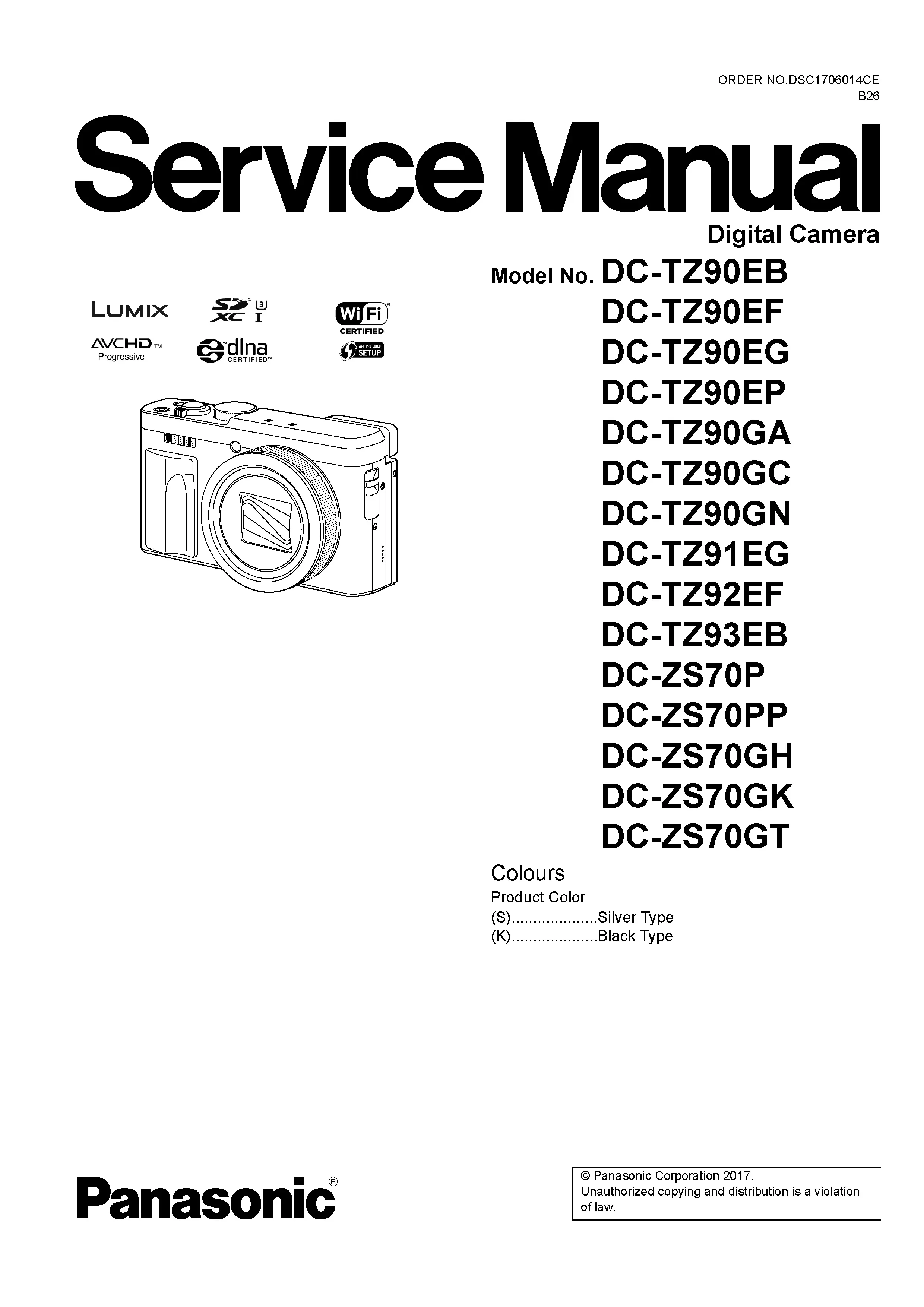 Panasonic lumix dc zs70 tz90 and service manual cover with picture of the camera, model type and numbers, manual creation date and safety and warning notice.