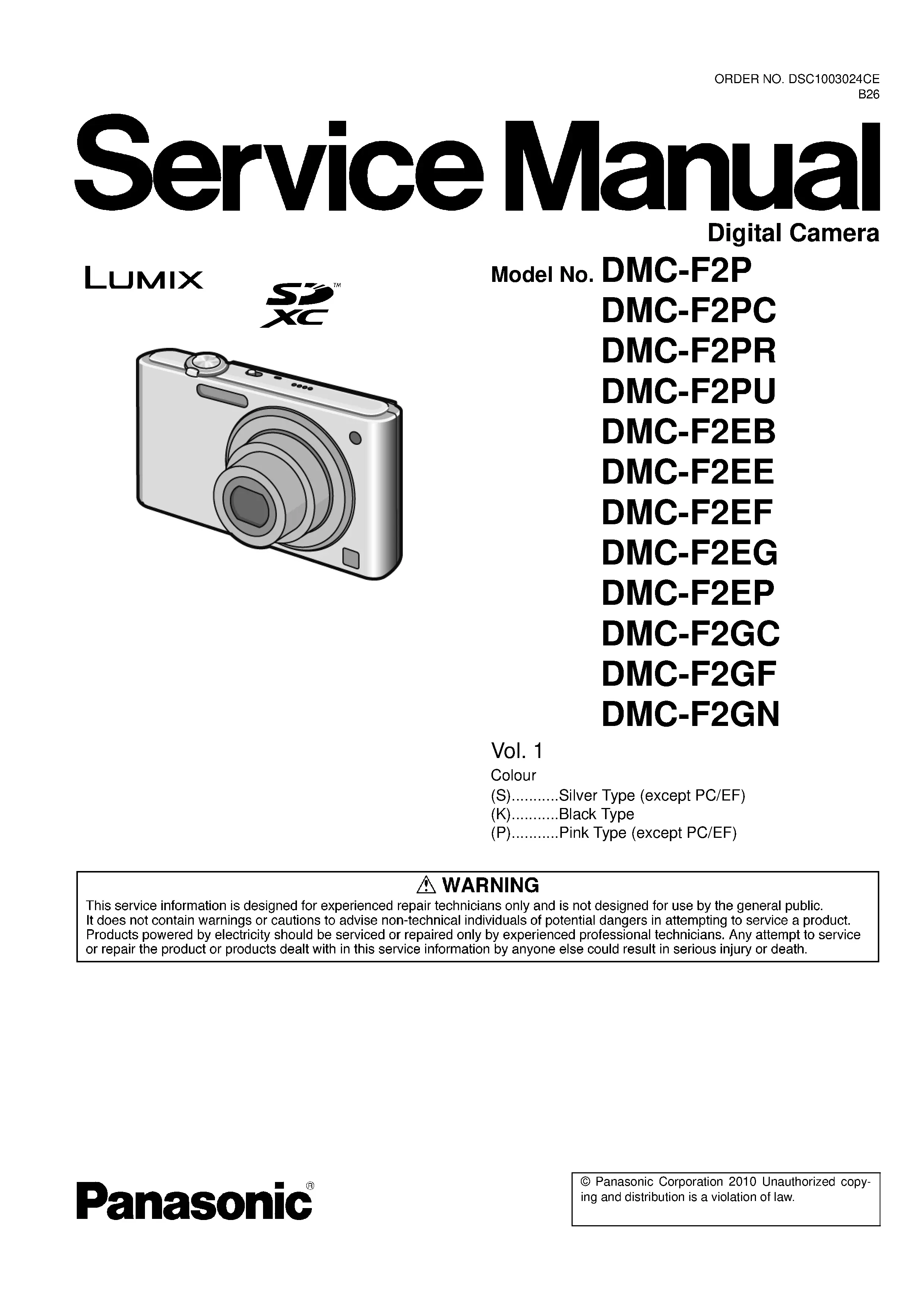 Panasonic lumix dmc f2 service manual cover with picture of the camera, model type and numbers, manual creation date and safety and warning notice.