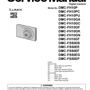 Panasonic lumix dmc fh10 fs50 service manual cover with picture of the camera, model type and numbers, manual creation date and safety and warning notice.