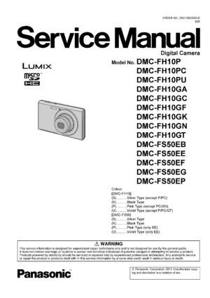 Panasonic lumix dmc fh10 fs50 service manual cover with picture of the camera, model type and numbers, manual creation date and safety and warning notice.