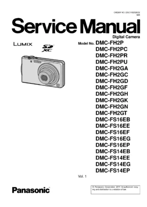Panasonic lumix dmc fh2 fs14 fs16 service manual cover with picture of the camera, model type and numbers, manual creation date and safety and warning notice.