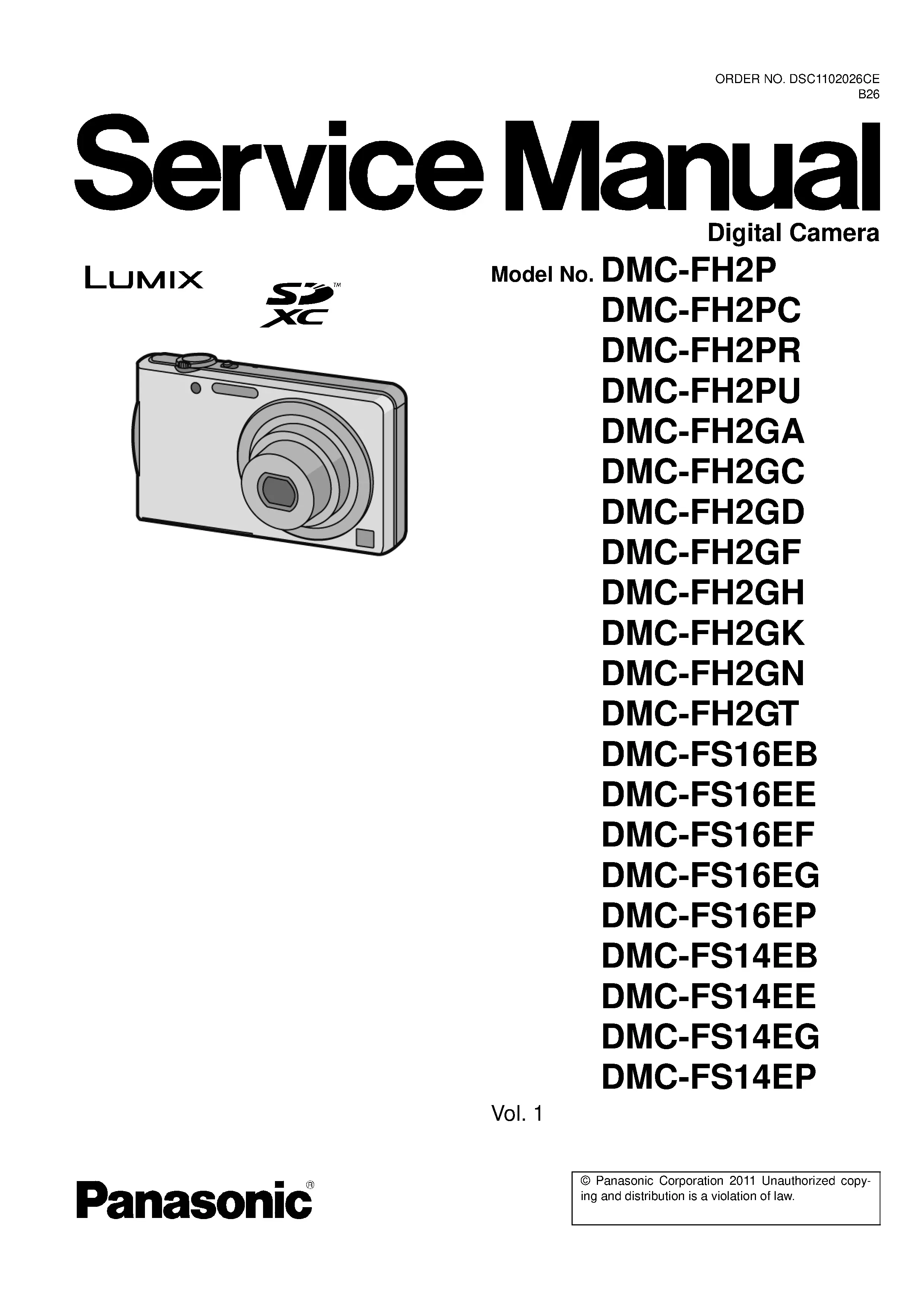 Panasonic lumix dmc fh2 fs14 fs16 service manual cover with picture of the camera, model type and numbers, manual creation date and safety and warning notice.