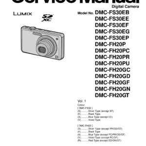 Panasonic lumix dmc fh20 service manual cover with picture of the camera, model type and numbers, manual creation date and safety and warning notice.
