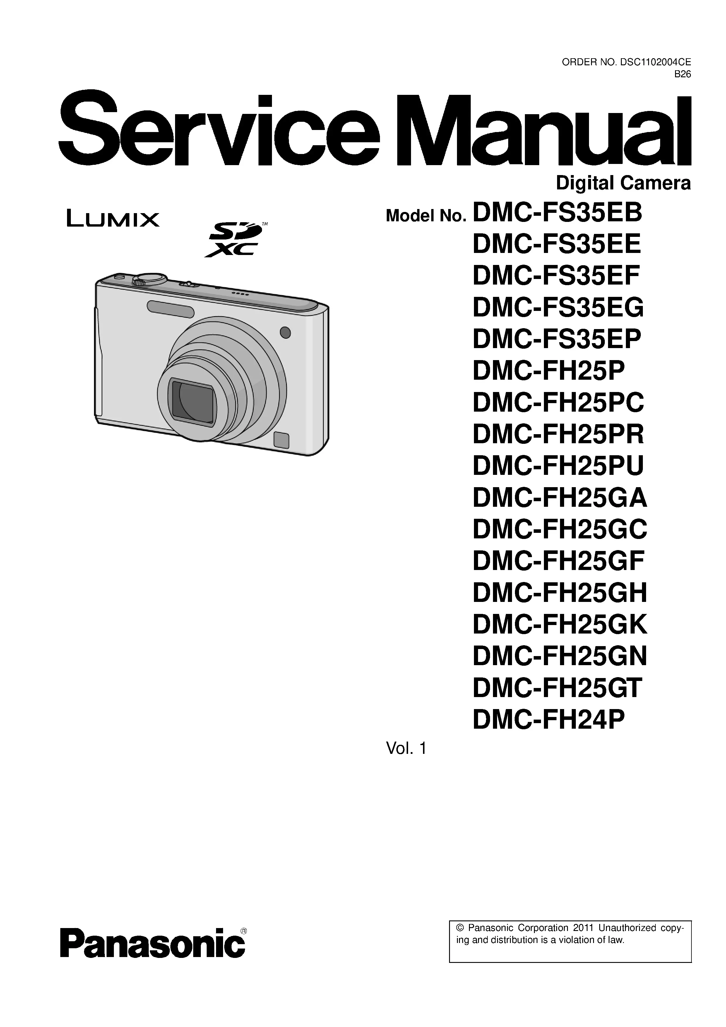 Panasonic lumix dmc fh24 fh25 fs35 service manual cover with picture of the camera, model type and numbers, manual creation date and safety and warning notice.