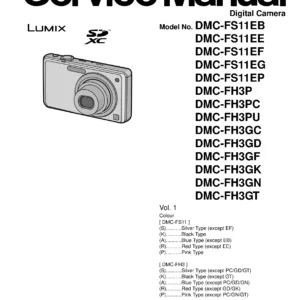 Panasonic lumix dmc fh3 service manual cover with picture of the camera, model type and numbers, manual creation date and safety and warning notice.