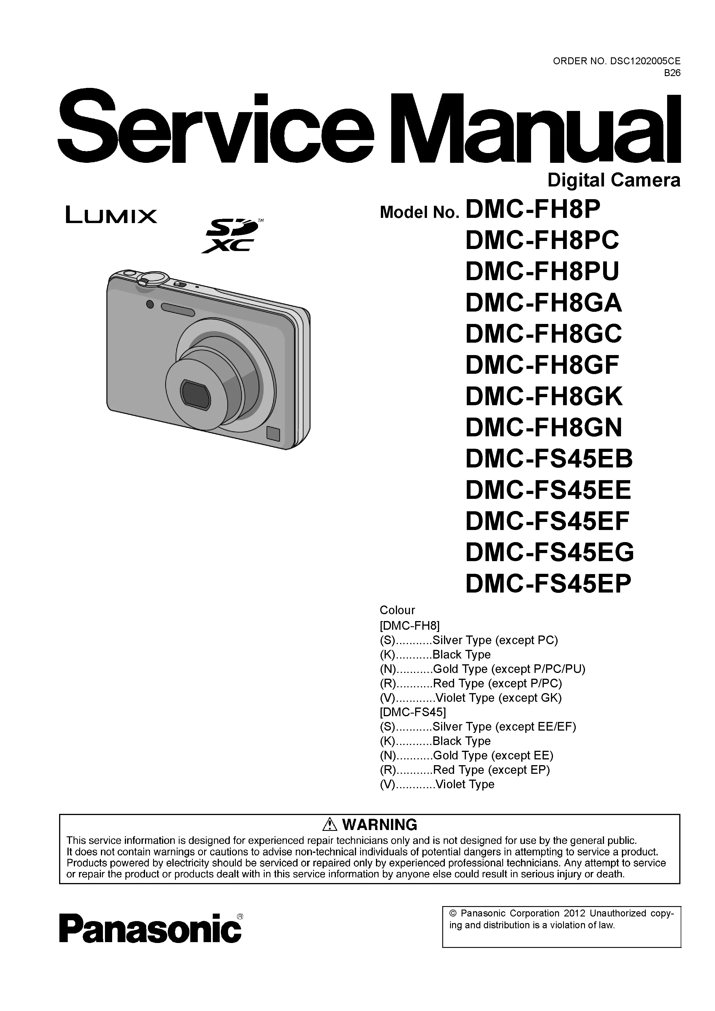 Panasonic lumix dmc fh8 fs45 service manual cover with picture of the camera, model type and numbers, manual creation date and safety and warning notice.