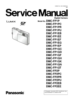Panasonic lumix dmc fp1 fp2 service manual cover with picture of the camera, model type and numbers, manual creation date and safety and warning notice.