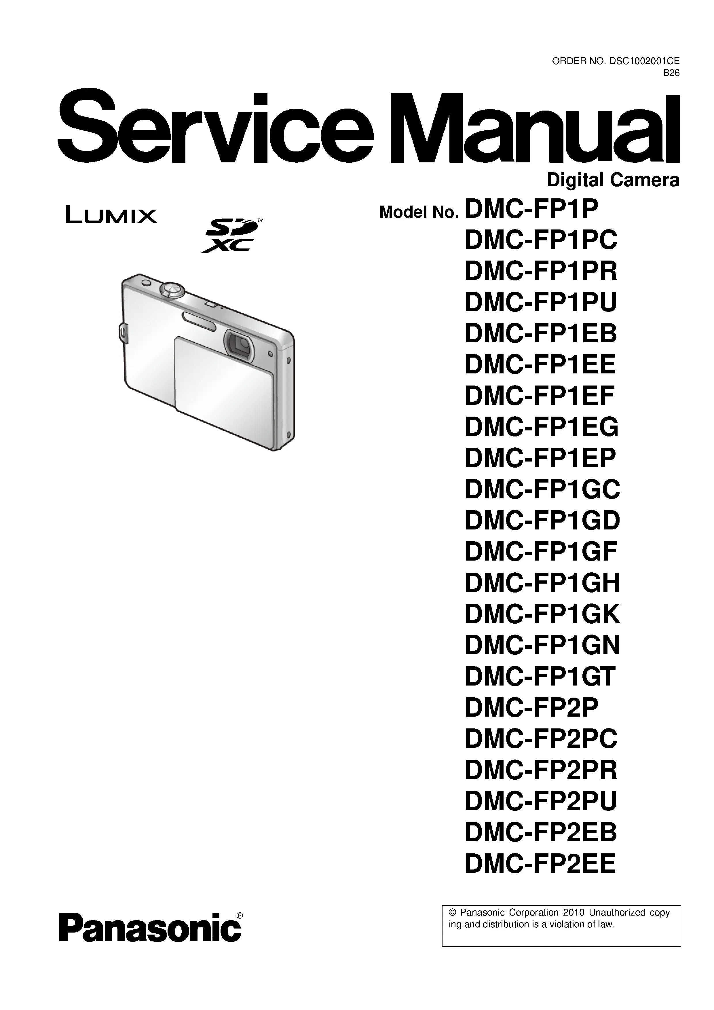 Panasonic lumix dmc fp1 fp2 service manual cover with picture of the camera, model type and numbers, manual creation date and safety and warning notice.