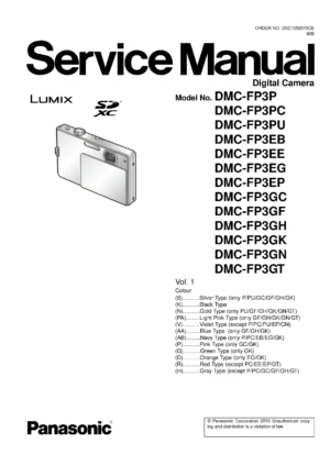 Panasonic lumix dmc fp3 service manual cover with picture of the camera, model type and numbers, manual creation date and safety and warning notice.