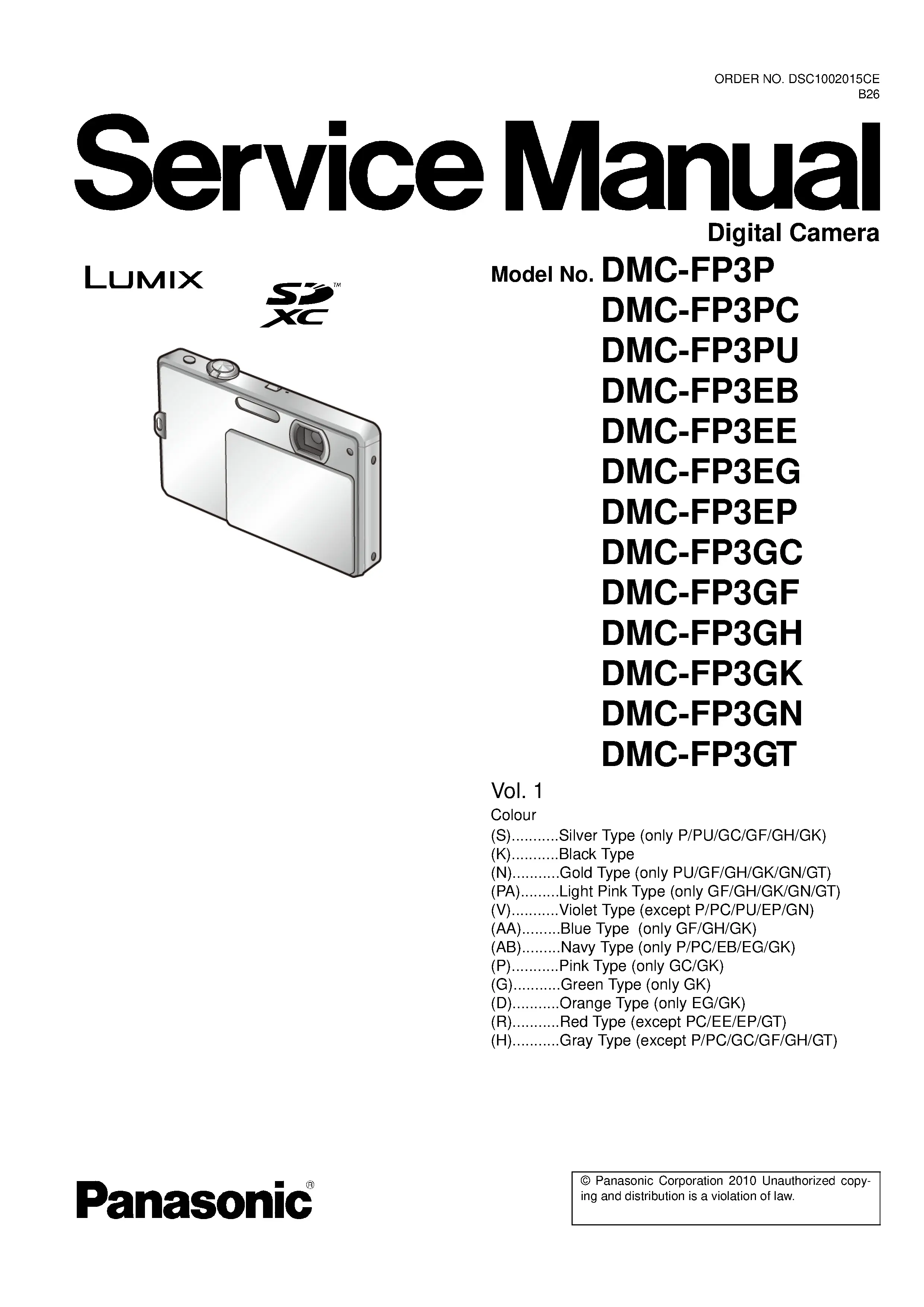 Panasonic lumix dmc fp3 service manual cover with picture of the camera, model type and numbers, manual creation date and safety and warning notice.