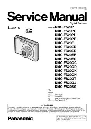 Panasonic lumix dmc fs20 service manual cover with picture of the camera, model type and numbers, manual creation date and safety and warning notice.