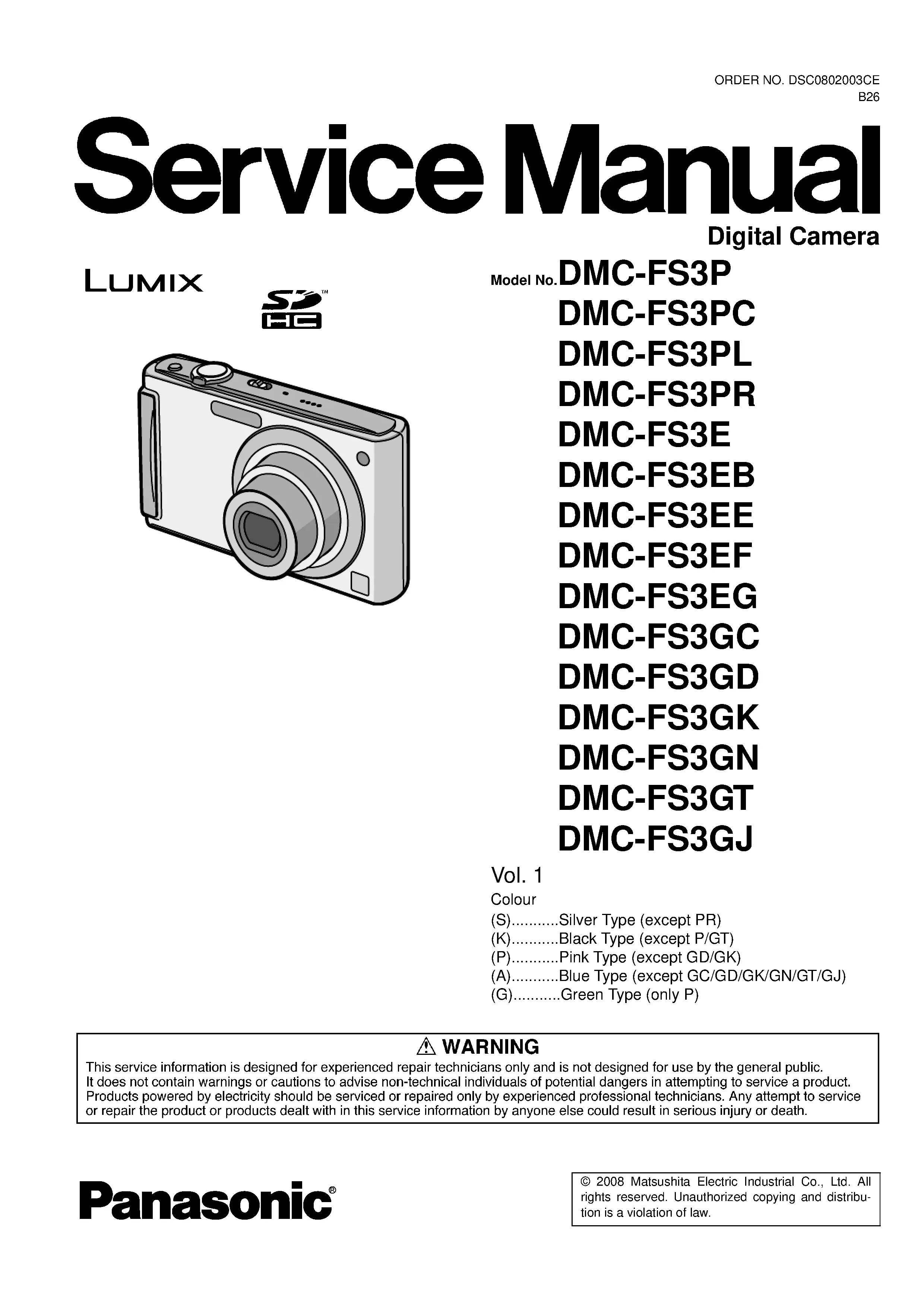 Panasonic lumix dmc fs3 service manual cover with picture of the camera, model type and numbers, manual creation date and safety and warning notice.