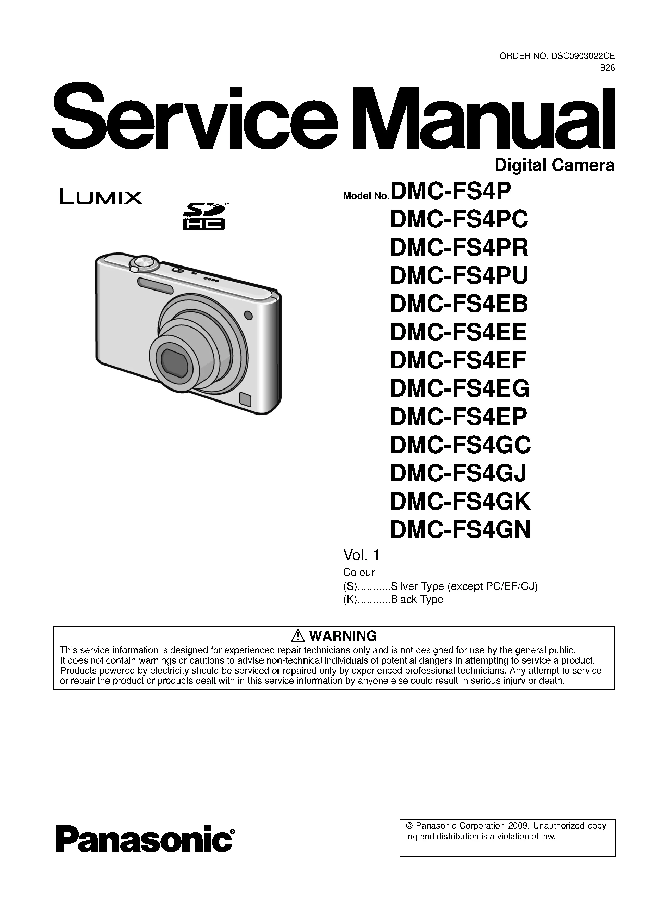 Panasonic lumix dmc fs4 service manual cover with picture of the camera, model type and numbers, manual creation date and safety and warning notice.