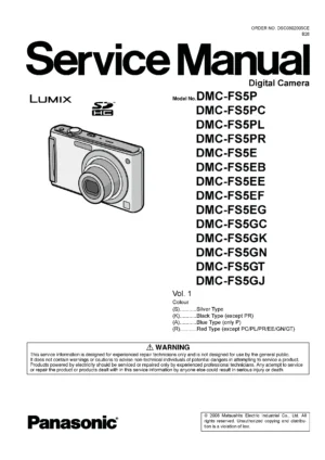 Panasonic lumix dmc fs5 service manual cover with picture of the camera, model type and numbers, manual creation date and safety and warning notice.