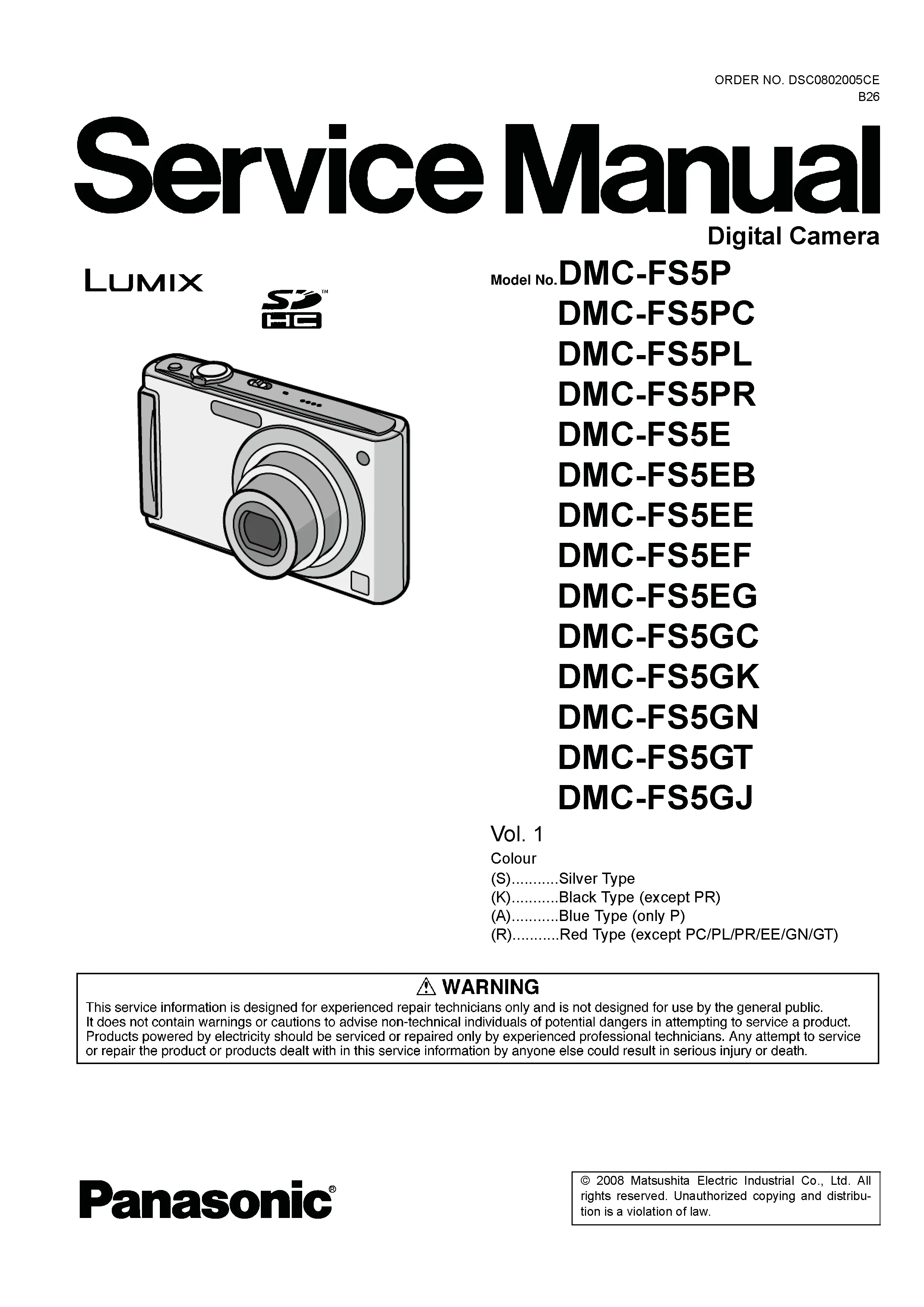 Panasonic lumix dmc fs5 service manual cover with picture of the camera, model type and numbers, manual creation date and safety and warning notice.