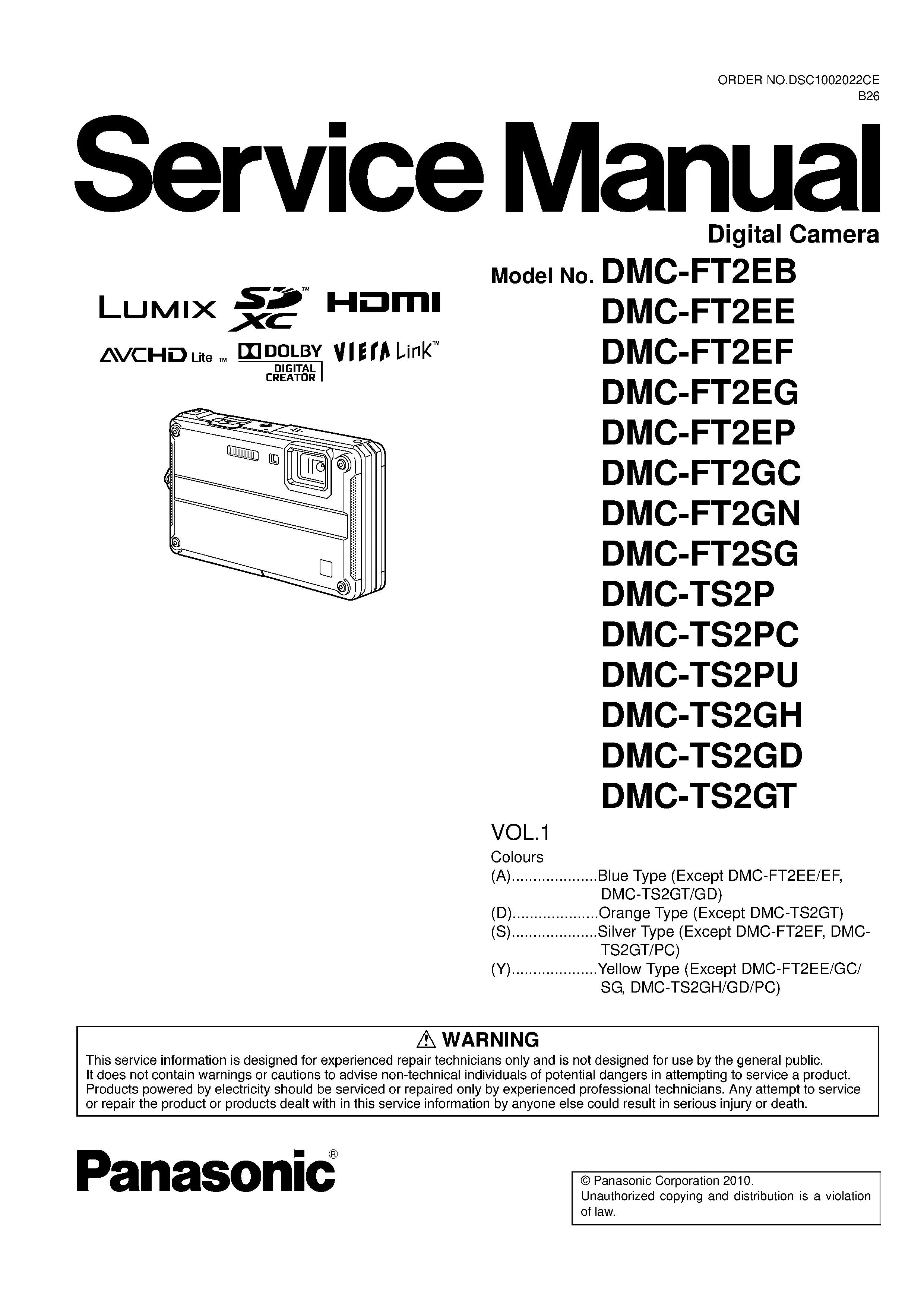 Panasonic lumix dmc ft2 ts2 service manual cover with picture of the camera, model type and numbers, manual creation date and safety and warning notice.