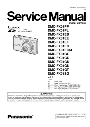 Panasonic lumix dmc fx01 service manual cover with picture of the camera, model type and numbers, manual creation date and safety and warning notice.