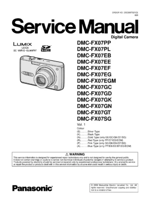 Panasonic lumix dmc fx07 service manual cover with picture of the camera, model type and numbers, manual creation date and safety and warning notice.