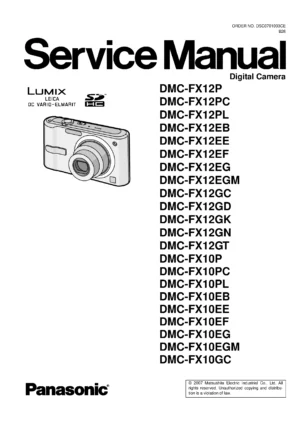 Panasonic lumix dmc fx12 service manual cover with picture of the camera, model type and numbers, manual creation date and safety and warning notice.