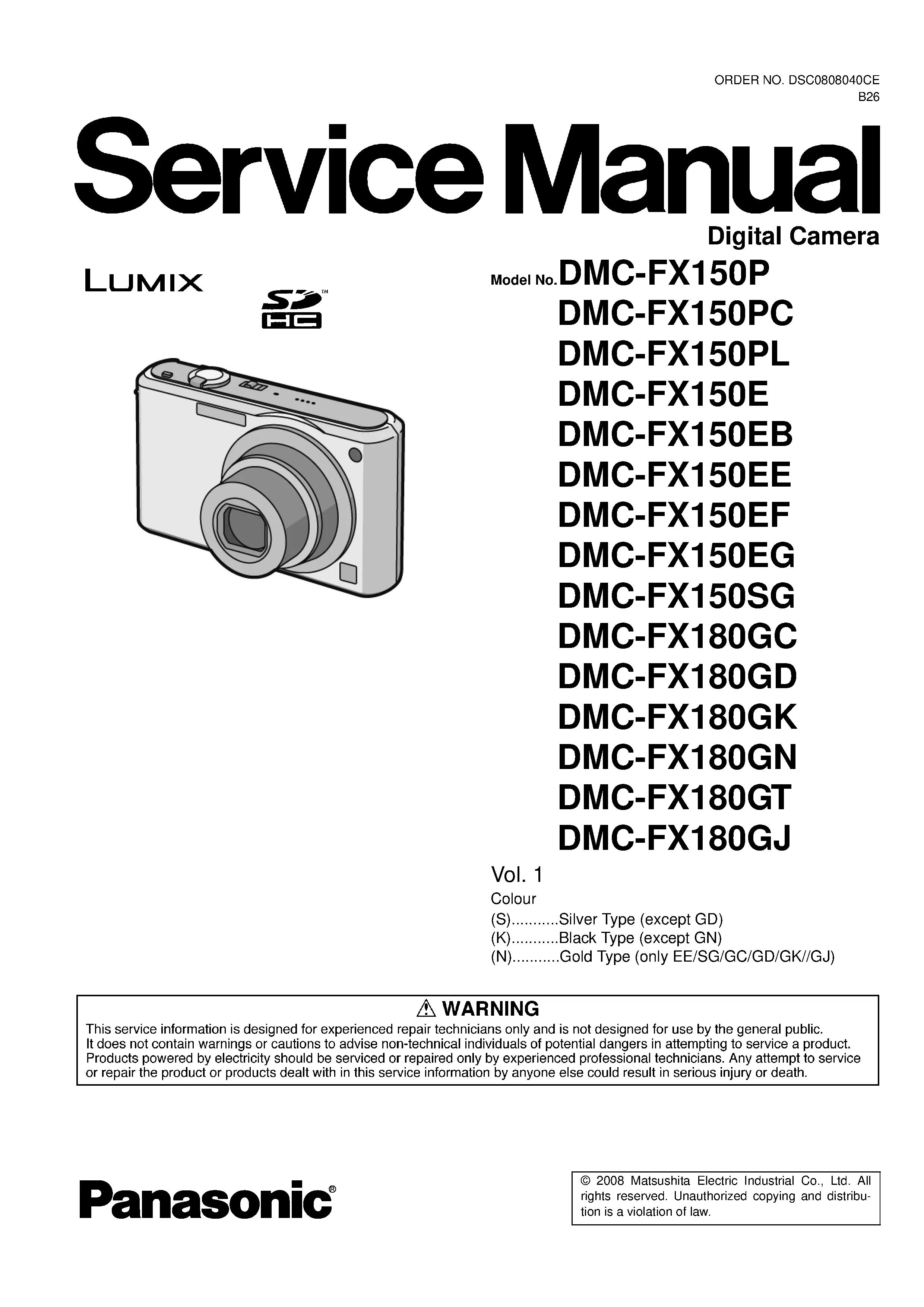 Panasonic lumix dmc fx150 service manual cover with picture of the camera, model type and numbers, manual creation date and safety and warning notice.