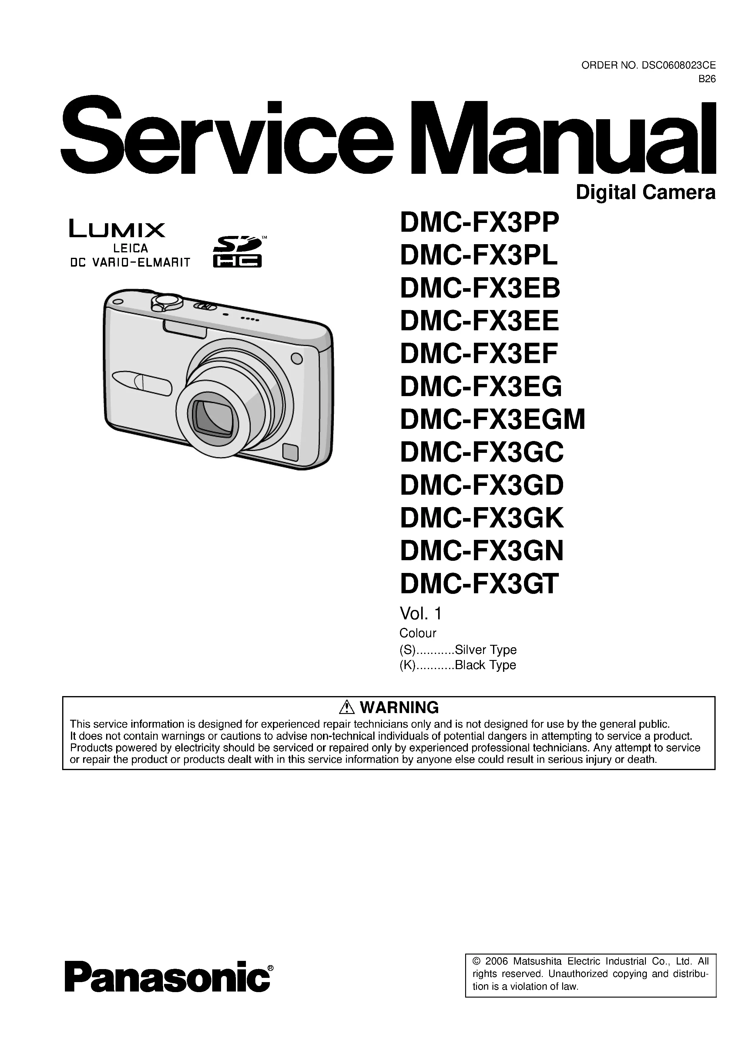 Panasonic lumix dmc fx3 service manual cover with picture of the camera, model type and numbers, manual creation date and safety and warning notice.