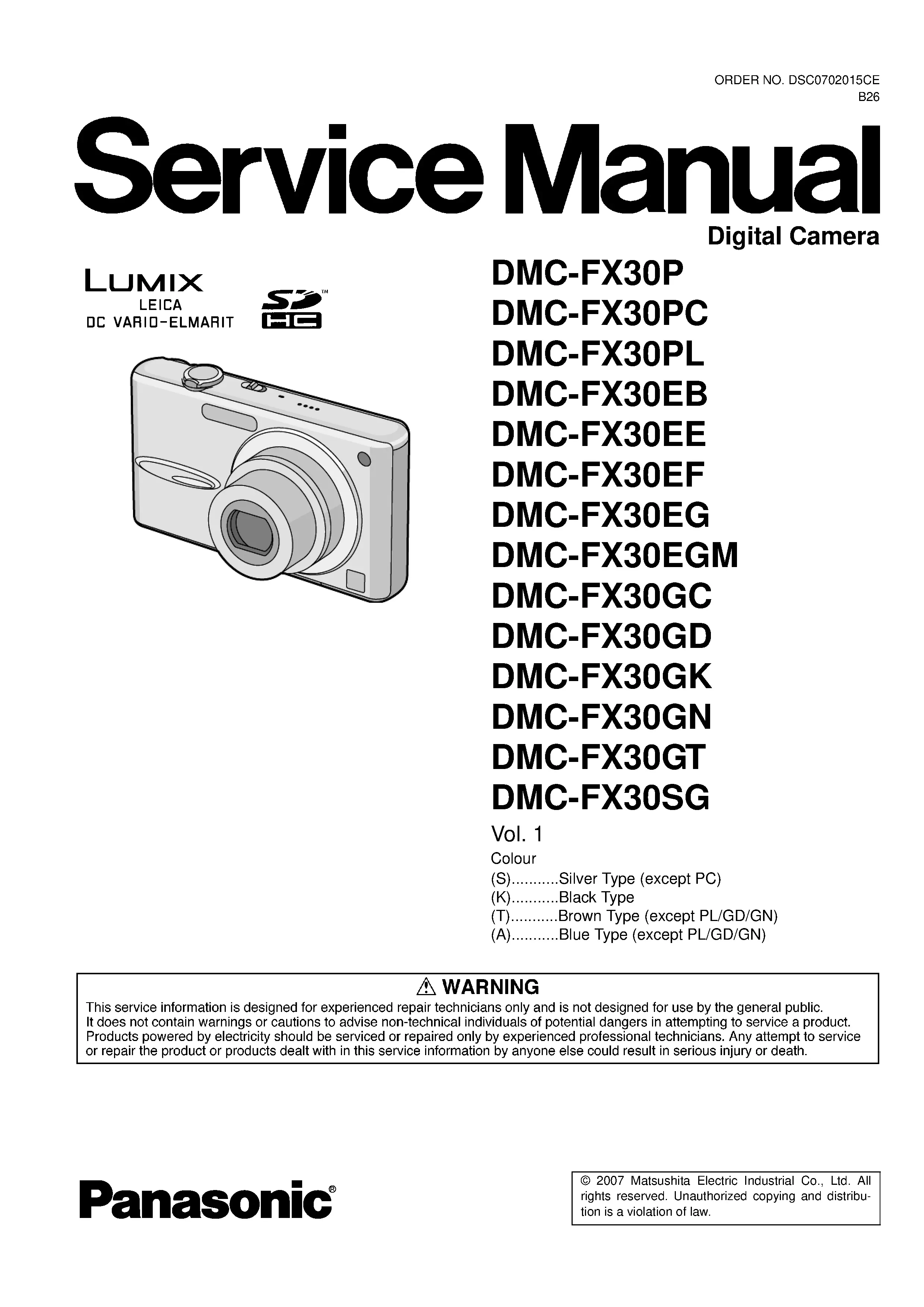 Panasonic lumix dmc fx30 service manual cover with picture of the camera, model type and numbers, manual creation date and safety and warning notice.