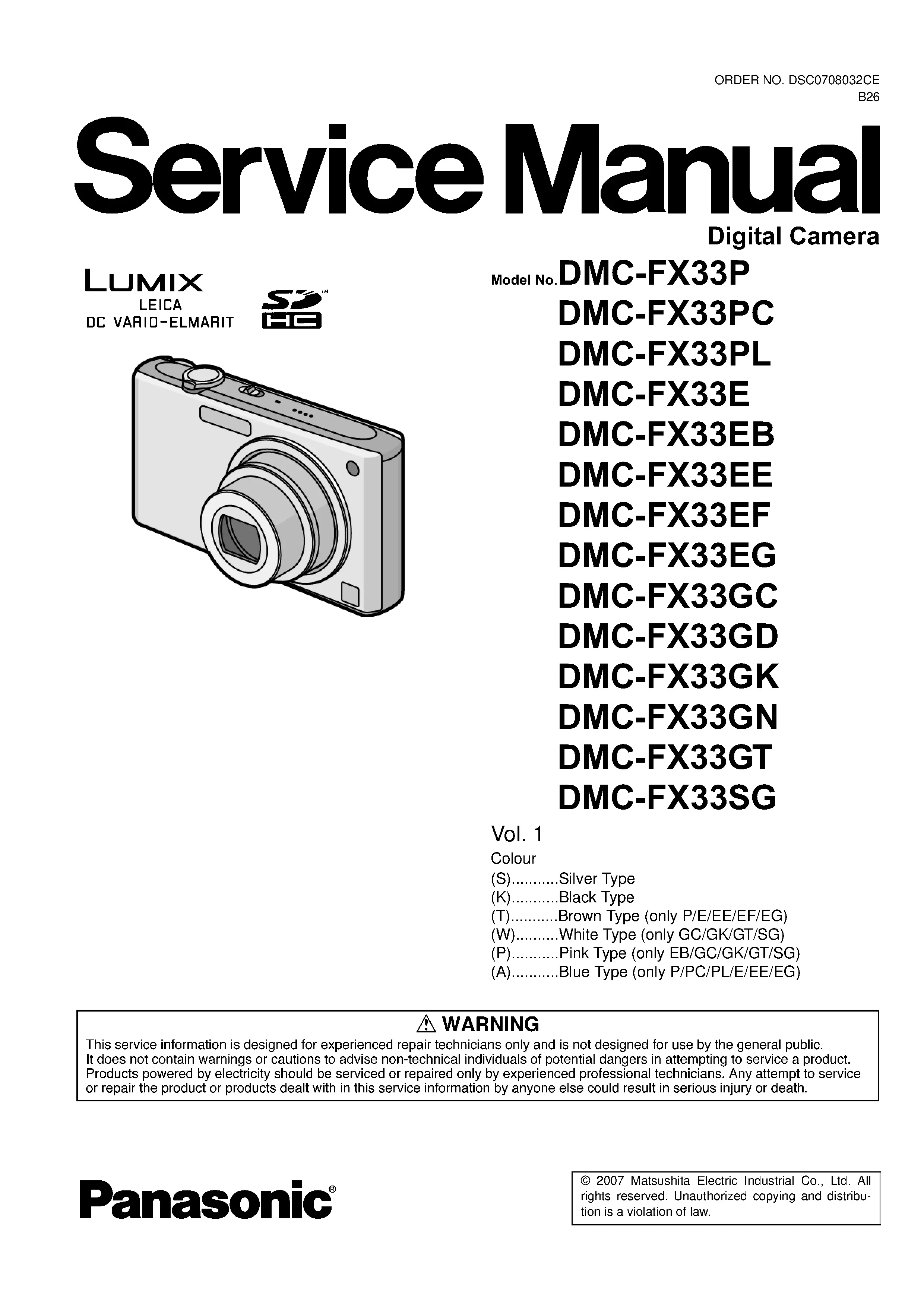 Panasonic lumix dmc fx33 service manual cover with picture of the camera, model type and numbers, manual creation date and safety and warning notice.