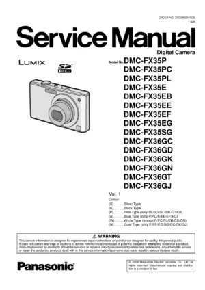Panasonic lumix dmc fx35 fx36 service manual cover with picture of the camera, model type and numbers, manual creation date and safety and warning notice.