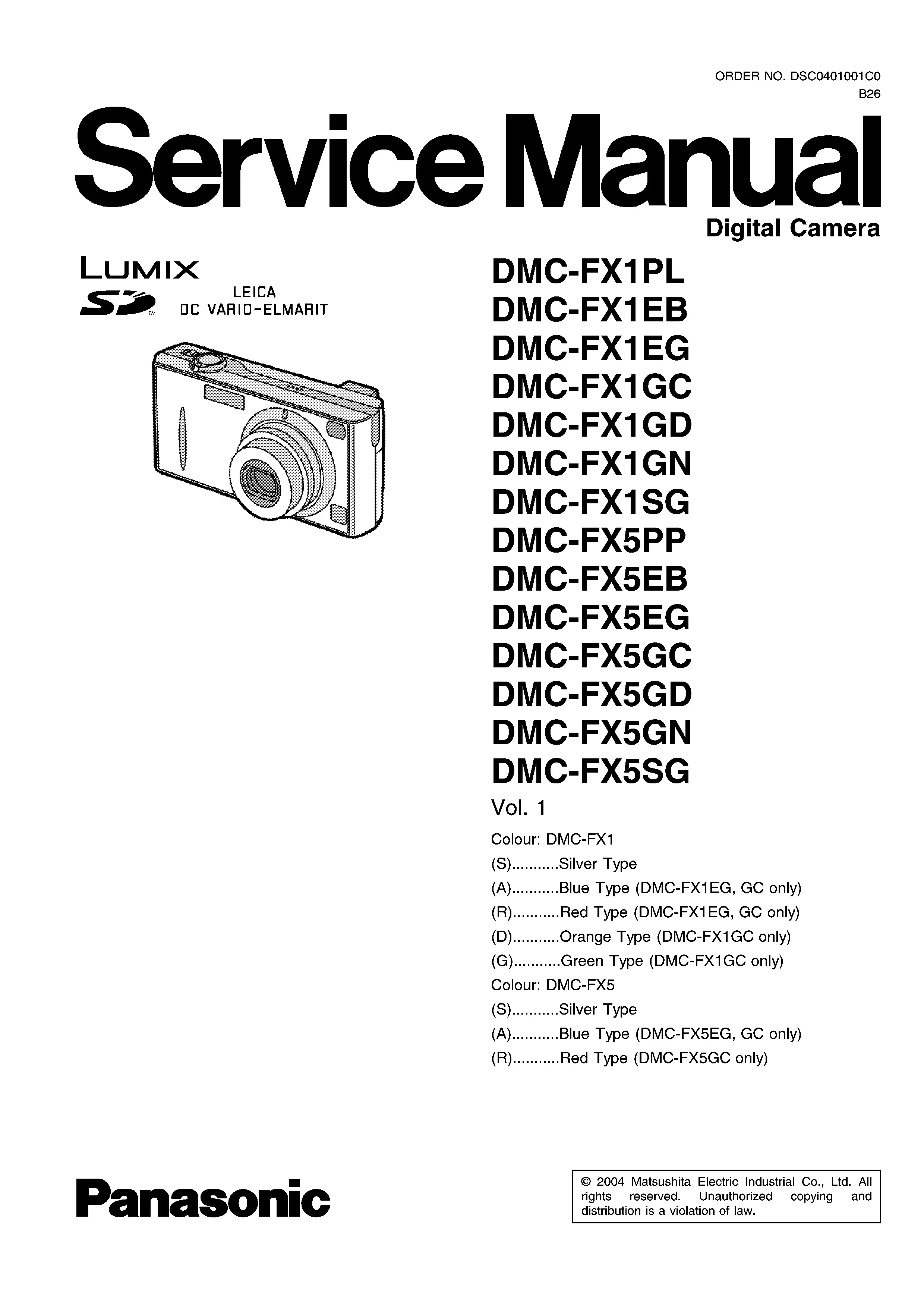 Panasonic lumix dmc fx5 service manual cover with picture of the camera, model type and numbers, manual creation date and safety and warning notice.
