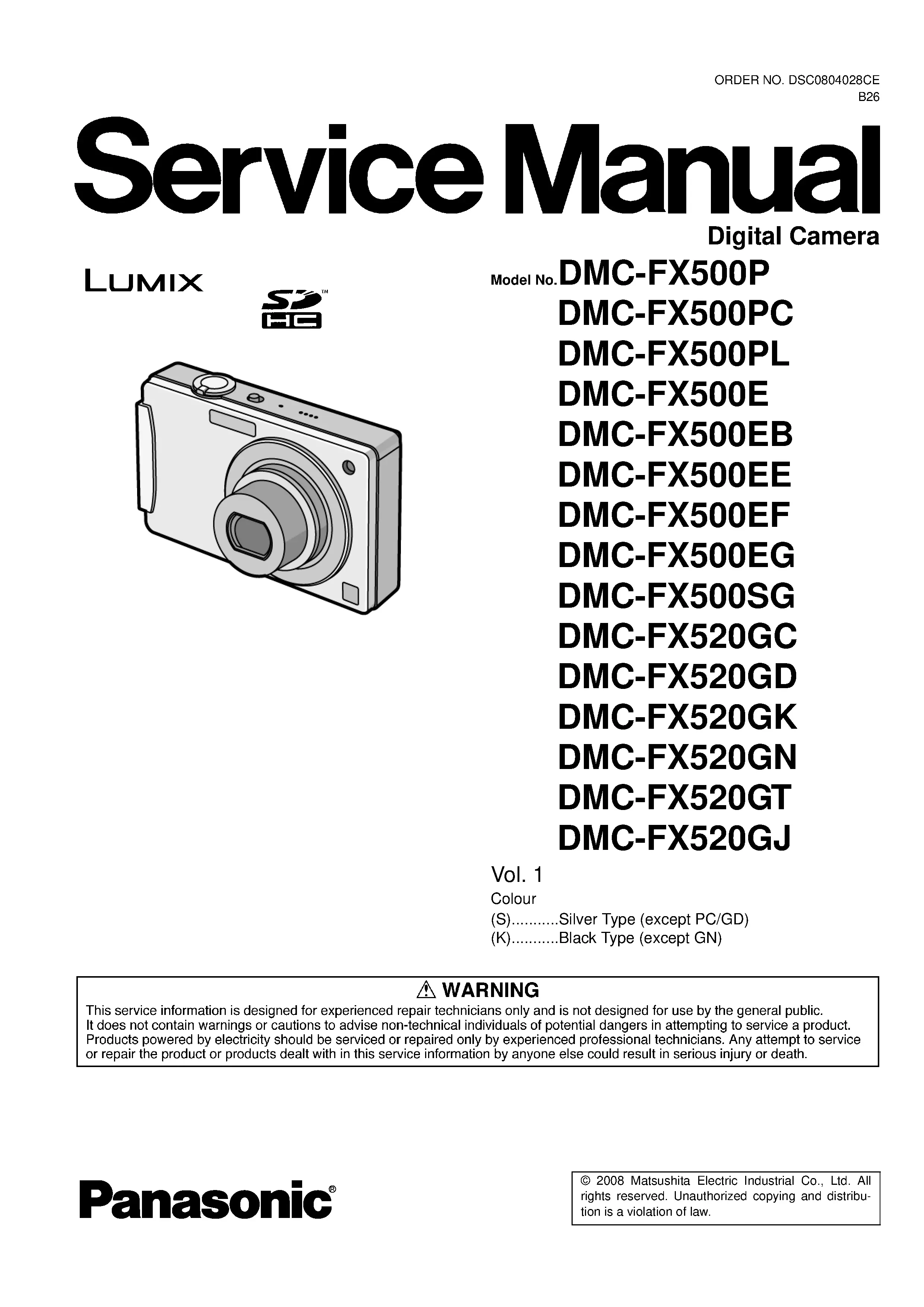 Panasonic lumix dmc fx500 service manual cover with picture of the camera, model type and numbers, manual creation date and safety and warning notice.