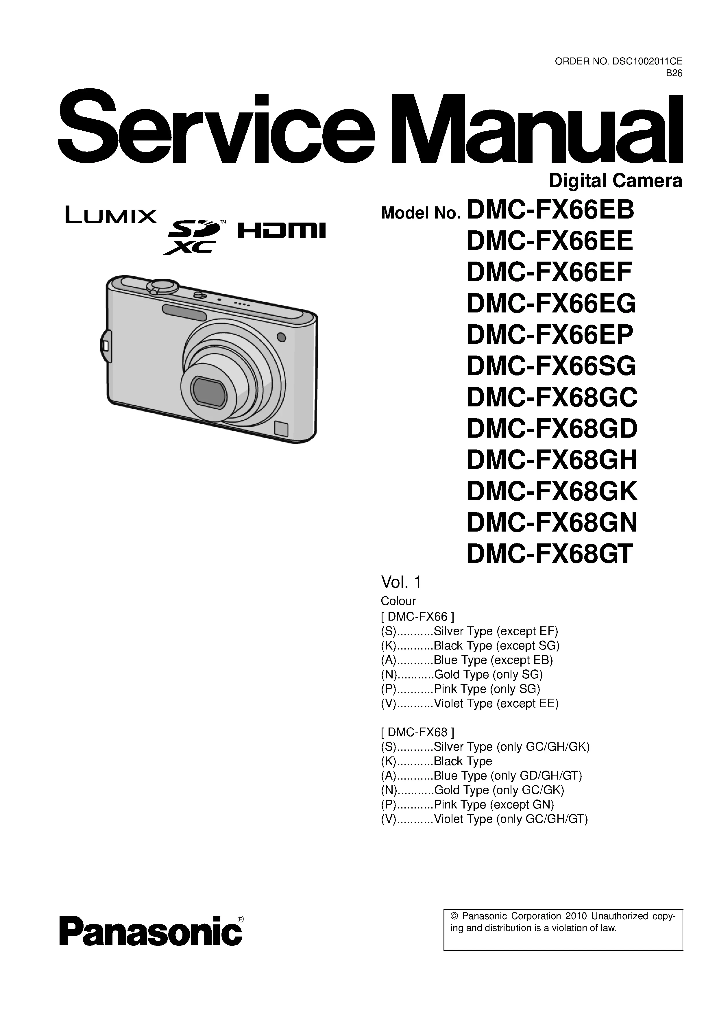 Panasonic lumix dmc fx66 fx68 service manual cover with picture of the camera, model type and numbers, manual creation date and safety and warning notice.