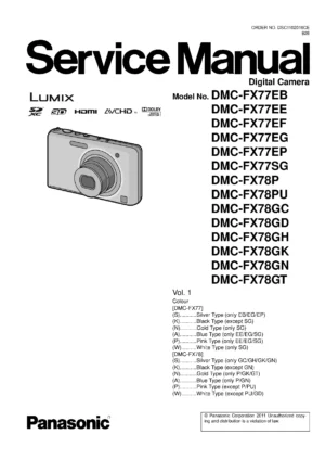 Panasonic lumix dmc fx77 fx78 service manual cover with picture of the camera, model type and numbers, manual creation date and safety and warning notice.