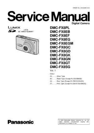 Panasonic lumix dmc fx8 service manual cover with picture of the camera, model type and numbers, manual creation date and safety and warning notice.