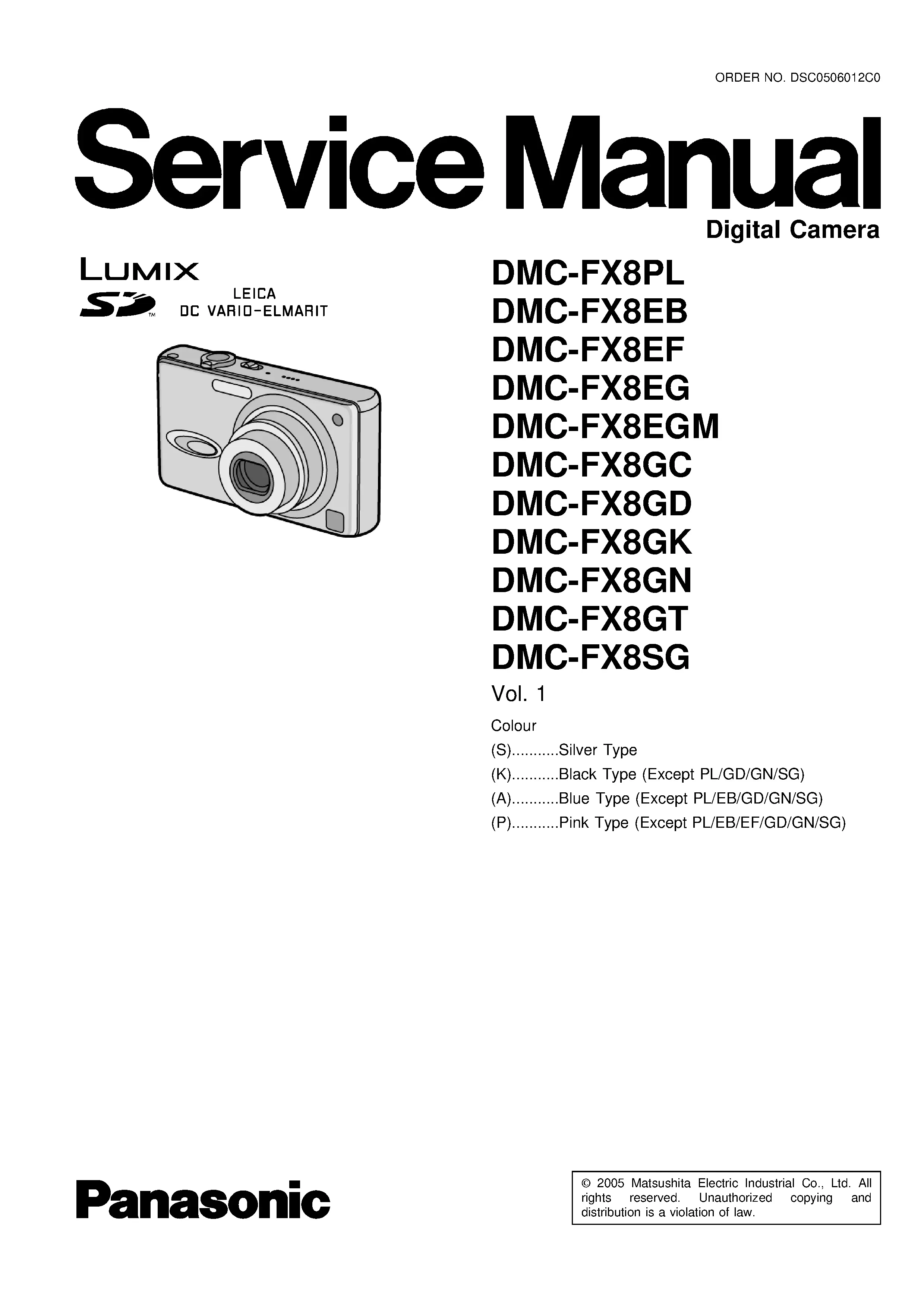 Panasonic lumix dmc fx8 service manual cover with picture of the camera, model type and numbers, manual creation date and safety and warning notice.