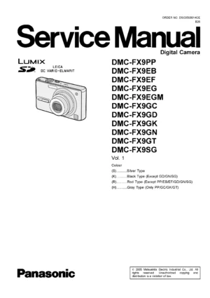 Panasonic lumix dmc fx9 service manual cover with picture of the camera, model type and numbers, manual creation date and safety and warning notice.