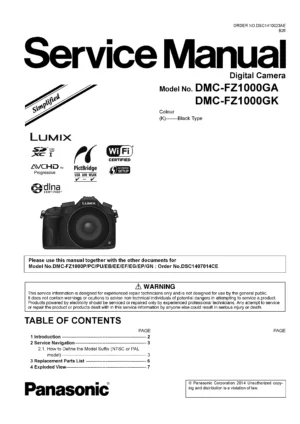 Panasonic lumix dmc fz1000 service manual cover with picture of the camera, model type and numbers, manual creation date and safety and warning notice.