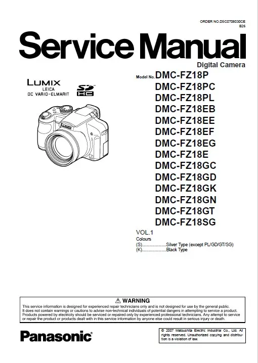 Panasonic lumix dmc fz18 service manual cover with picture of the camera, model type and numbers, manual creation date and safety and warning notice.