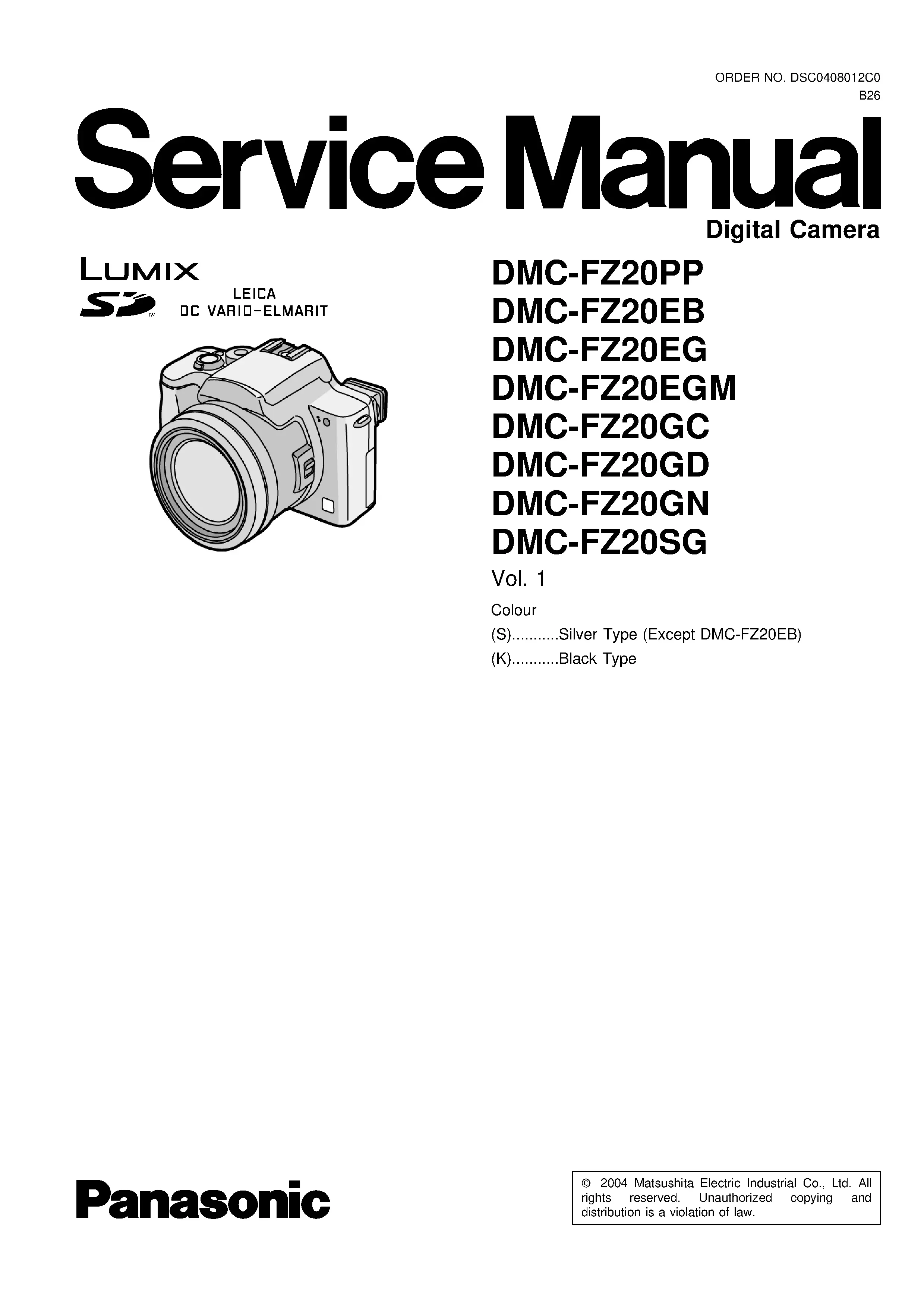 Panasonic lumix dmc fz20 service manual cover with picture of the camera, model type and numbers, manual creation date and safety and warning notice.