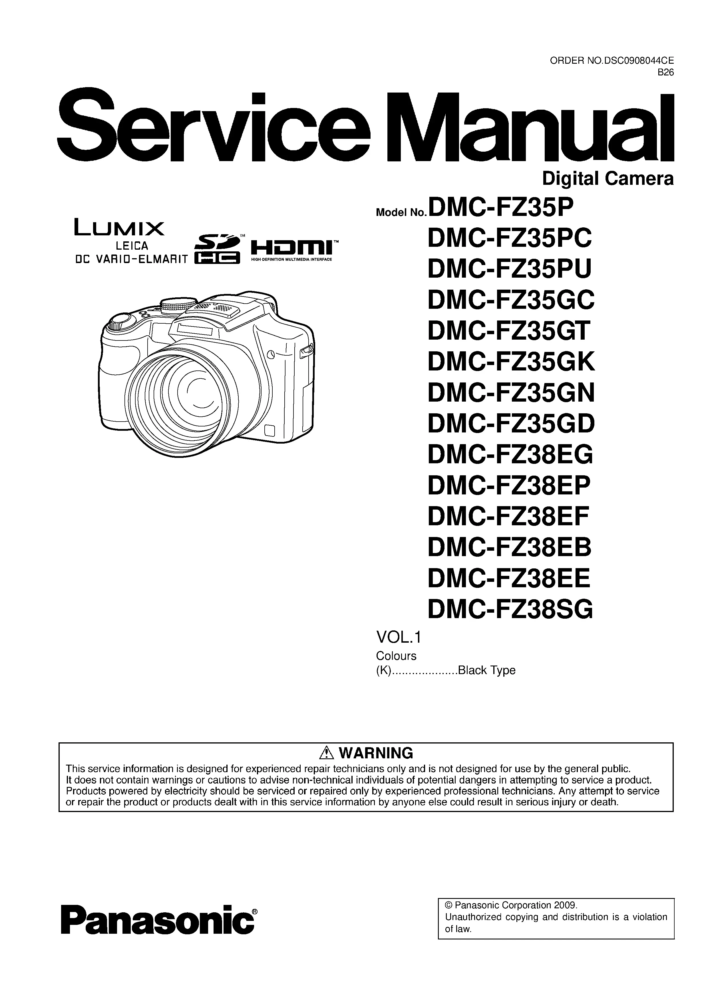 Panasonic lumix dmc fz35 fz38 service manual cover with picture of the camera, model type and numbers, manual creation date and safety and warning notice.