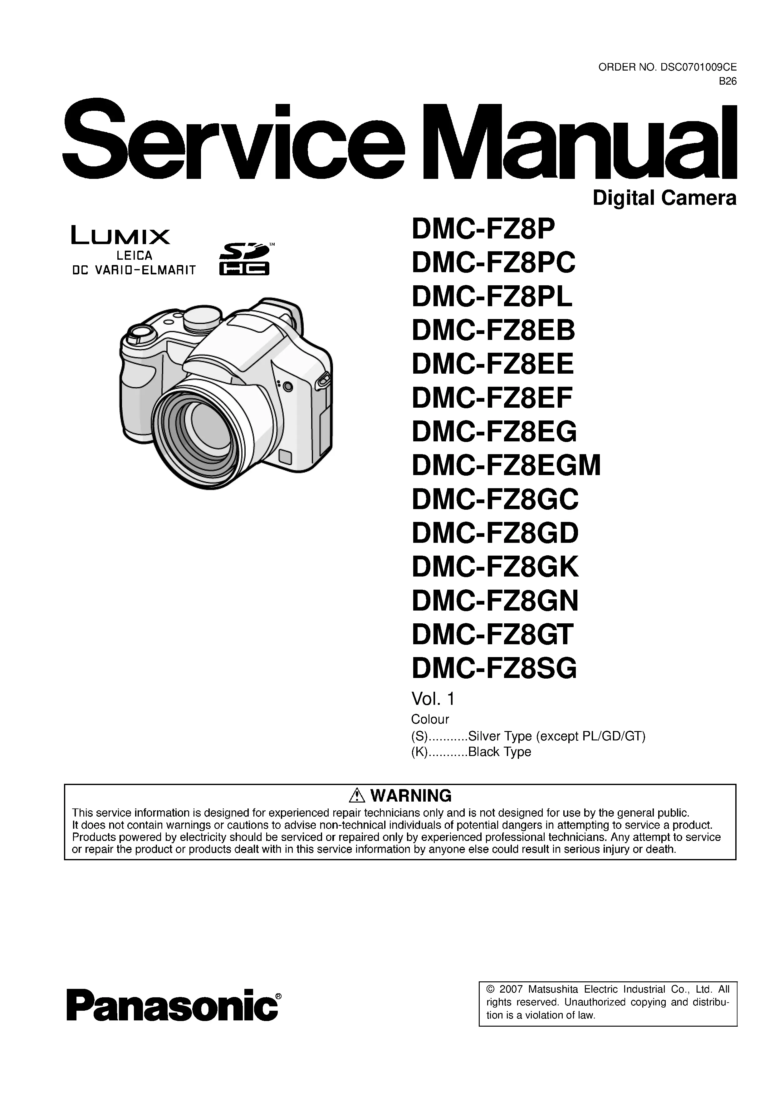 Panasonic lumix dmc fz8 service manual cover with picture of the camera, model type and numbers, manual creation date and safety and warning notice.