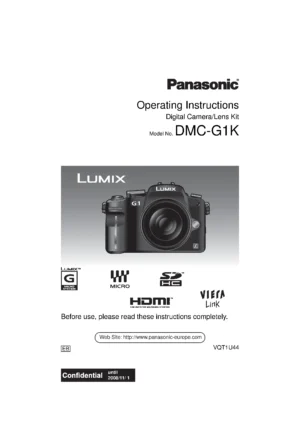 Panasonic lumix dmc g1 g1k service manual cover with picture of the camera, model type and numbers, manual creation date and safety and warning notice.