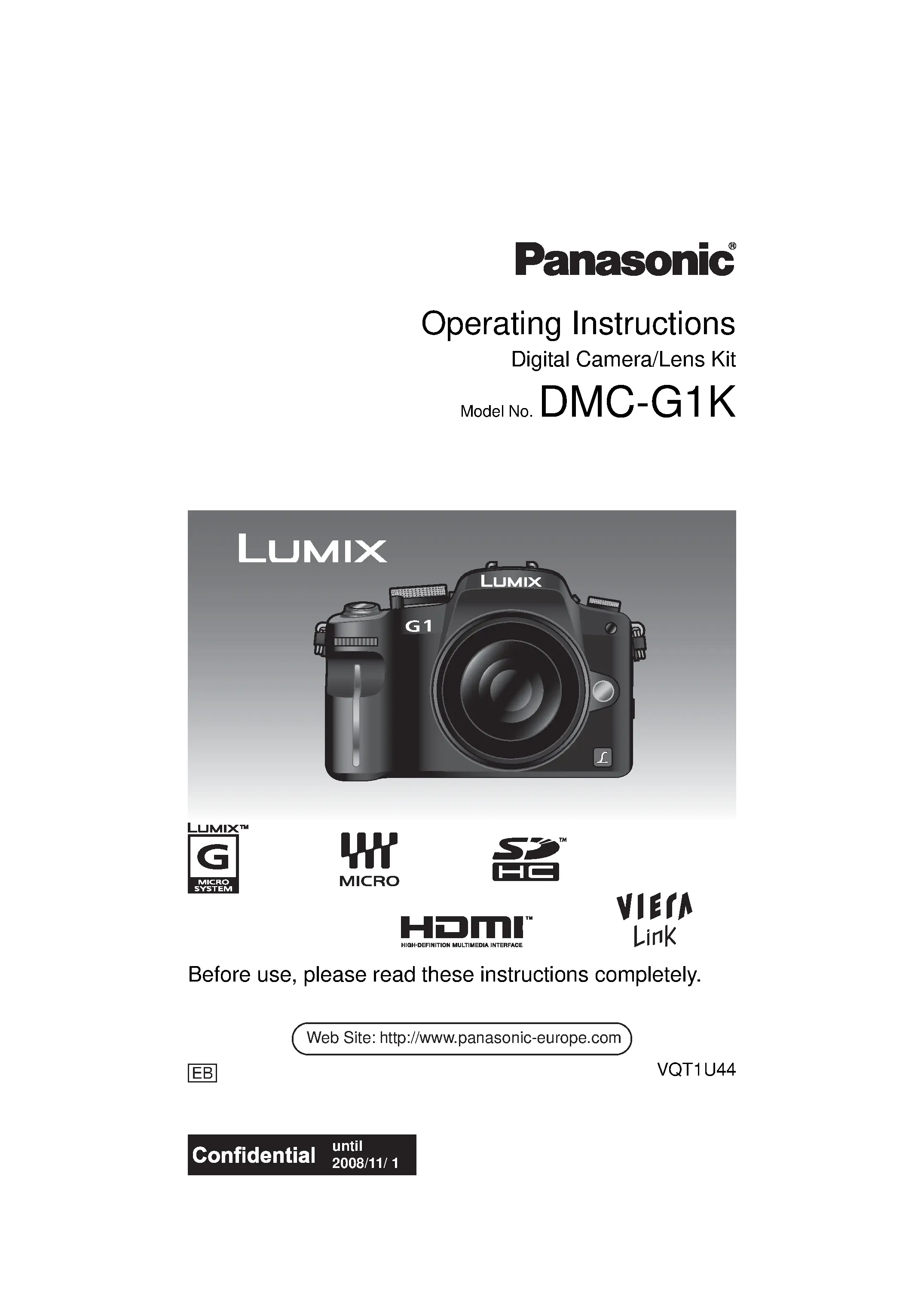 Panasonic lumix dmc g1 g1k service manual cover with picture of the camera, model type and numbers, manual creation date and safety and warning notice.