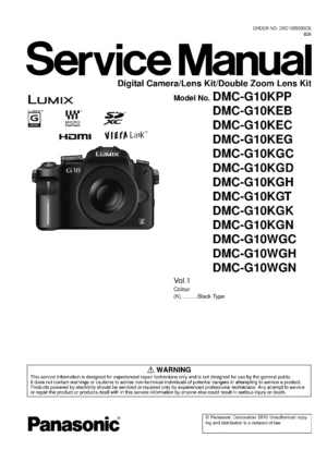 Panasonic lumix dmc g10 g10k g10w service manual cover with picture of the camera, model type and numbers, manual creation date and safety and warning notice.