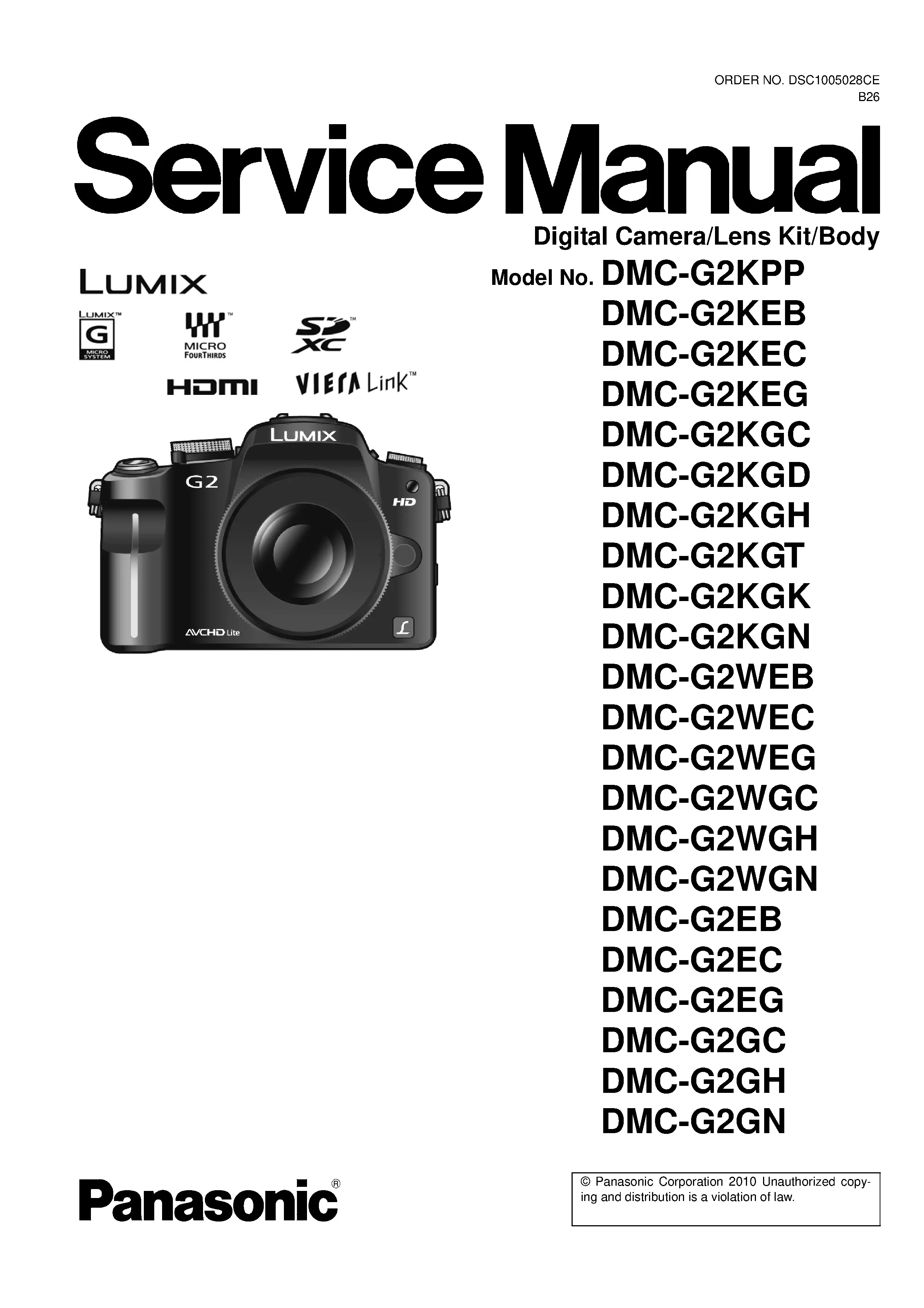 Panasonic lumix dmc g2 g2k g2w service manual cover with picture of the camera, model type and numbers, manual creation date and safety and warning notice.
