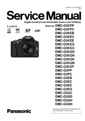 Panasonic lumix dmc g3 g3k g3w service manual cover with picture of the camera, model type and numbers, manual creation date and safety and warning notice.