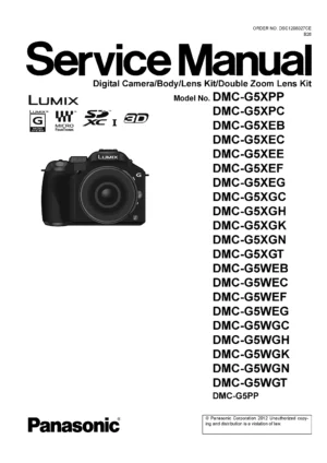Panasonic lumix dmc g5 g5x g5k g5w service manual cover with picture of the camera, model type and numbers, manual creation date and safety and warning notice.