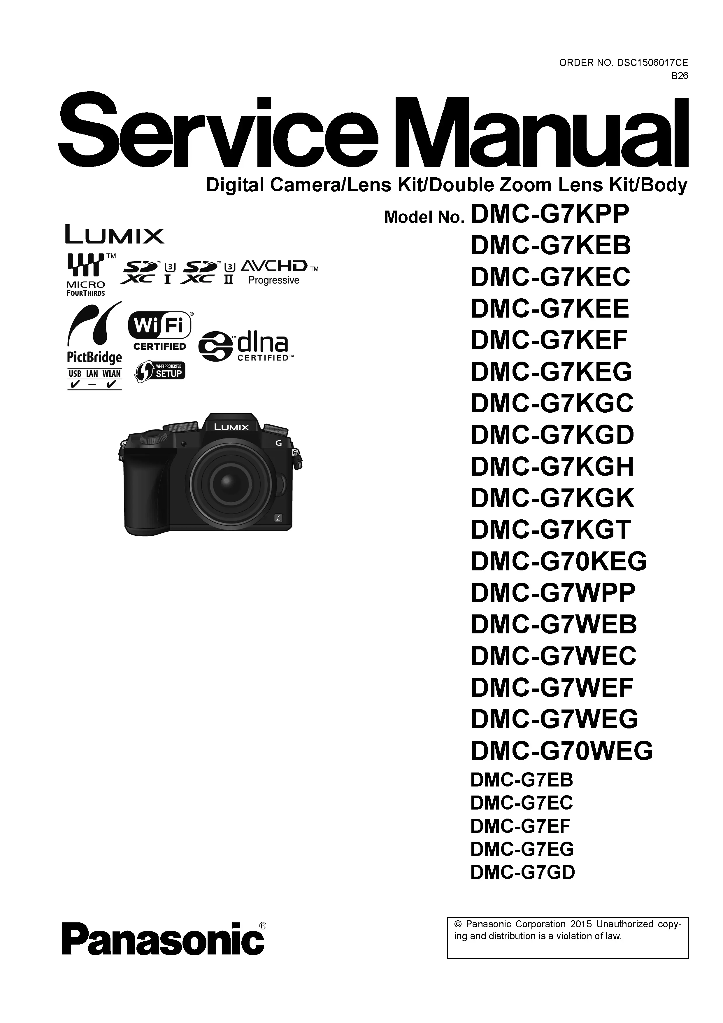 Panasonic lumix dmc g7 service manual cover with picture of the camera, model type and numbers, manual creation date and safety and warning notice.