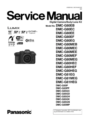 Panasonic lumix dmc g80 g85 service manual cover with picture of the camera, model type and numbers, manual creation date and safety and warning notice.