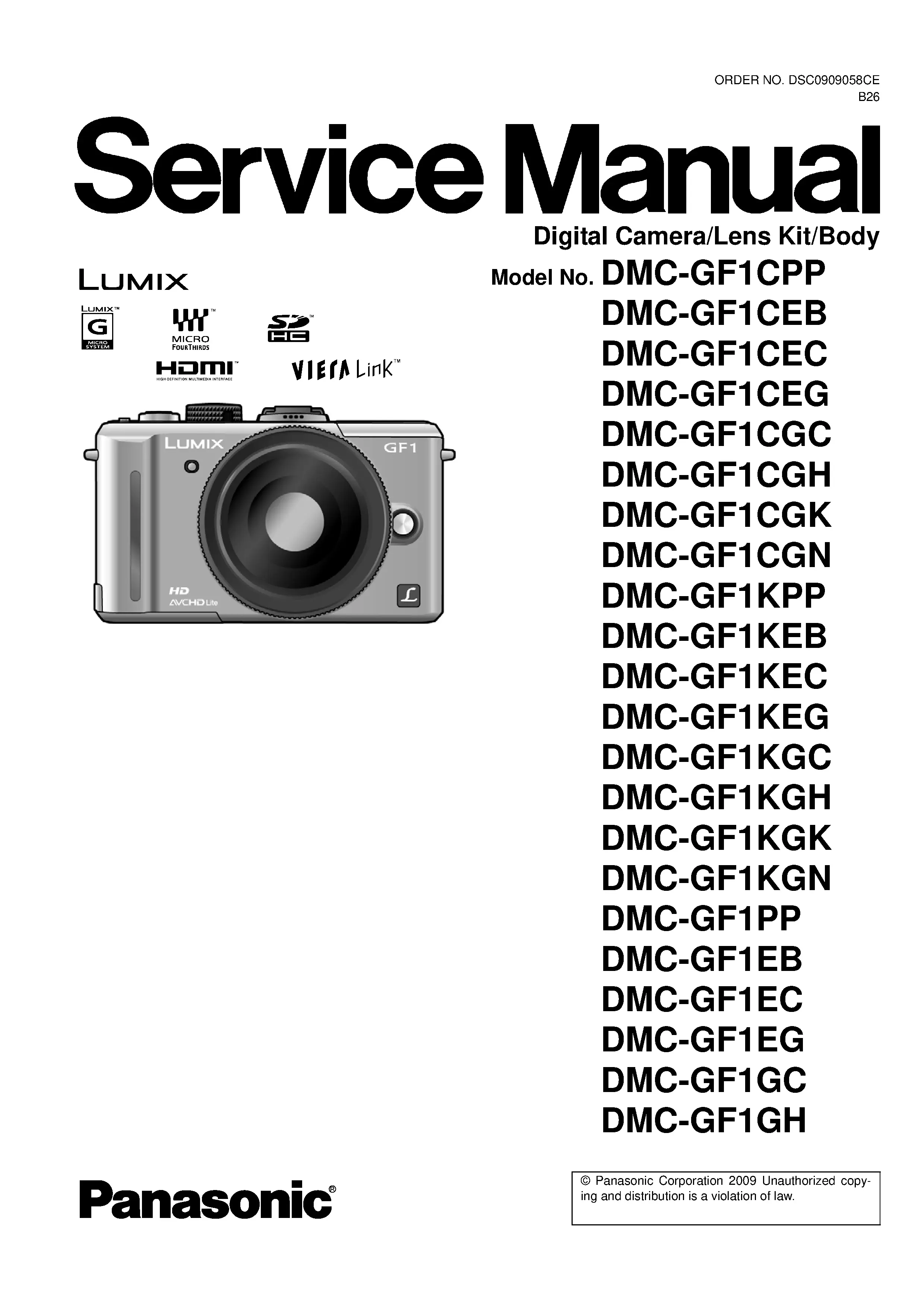 Panasonic lumix dmc gf1 gf1c gf1k service manual cover with picture of the camera, model type and numbers, manual creation date and safety and warning notice.